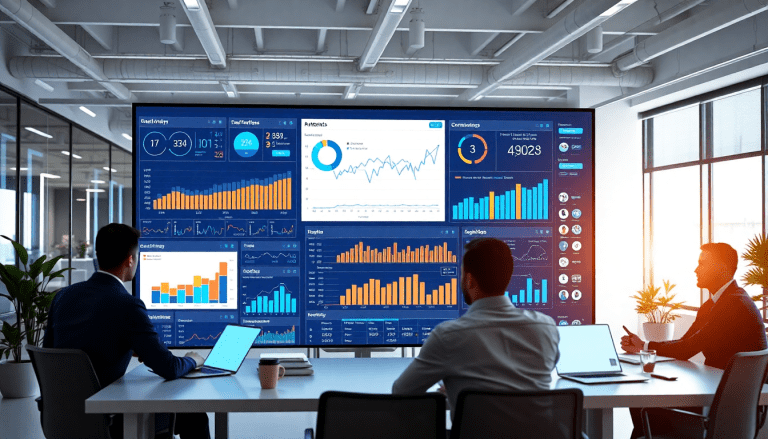 Office setting with people reviewing a large dashboard screen, showcasing automated marketing reports and analytics, ideal for an agency reporting automation platform as a NinjaCat alternative.