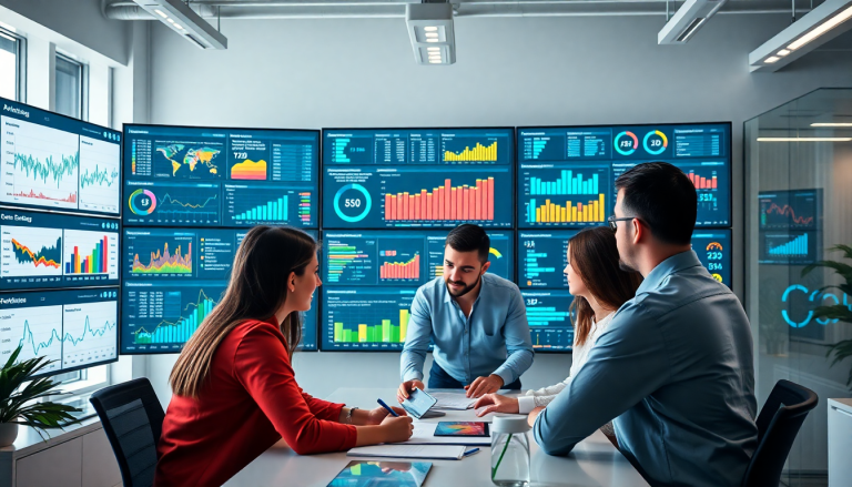 AI data visualization tool for marketing teams showcasing automated dashboard creation, cross-channel performance tracking, and marketing analytics automation on multiple screens in a modern office environment, highlighting campaign performance insights and ROI tracking with Tapclicks AI platform.