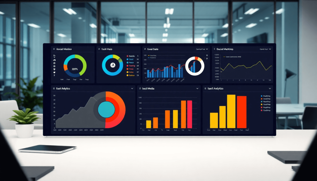 Multi-channel analytics dashboard displaying cross-channel marketing analytics, performance tracking, and campaign performance visualization in a modern office setting.