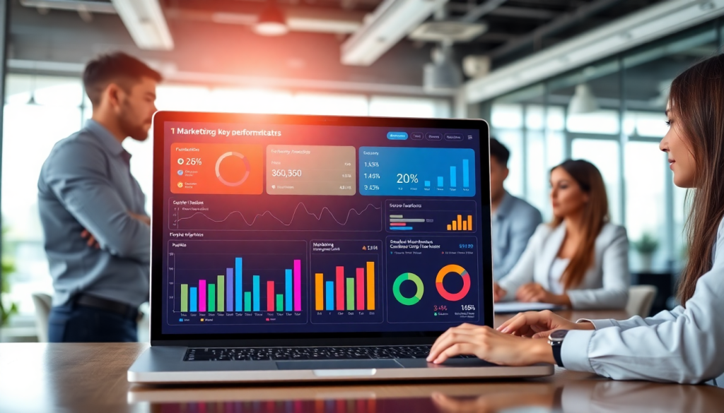 Automated KPI reporting dashboard showcasing real-time performance analytics and AI-driven marketing insights in a business meeting setting.