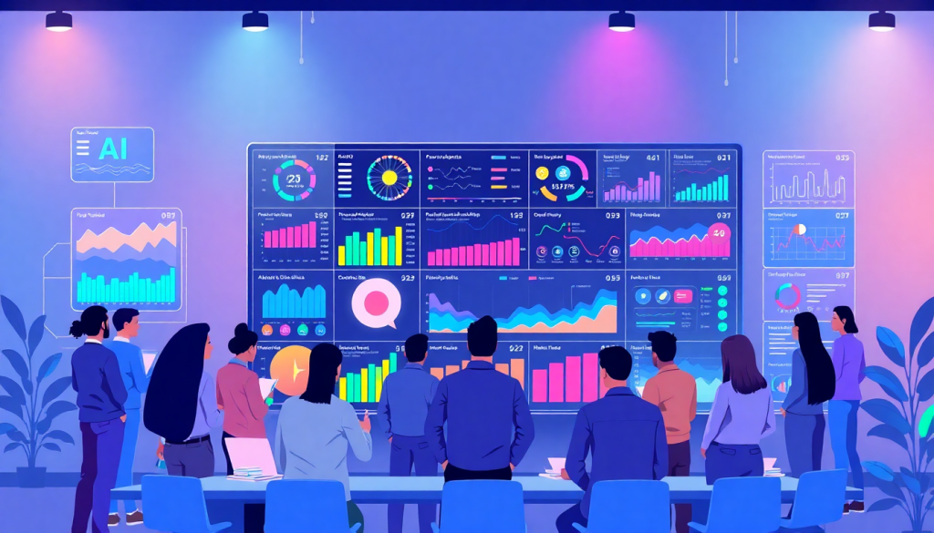 Marketing team using AI data visualization tool for automated marketing analytics, featuring AI-powered dashboards and cross-channel visualization for campaign performance insights and interactive data reports.
