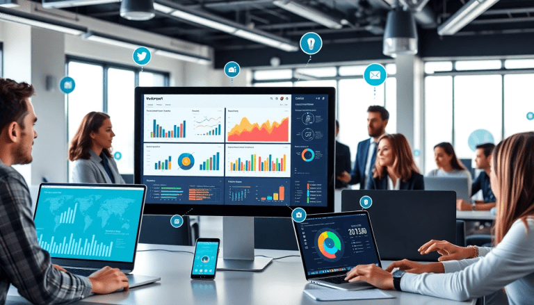 Open office setting with professionals using NinjaCat alternative software on multiple screens for reporting, client dashboard integration, and cross-channel analytics in an agency environment.