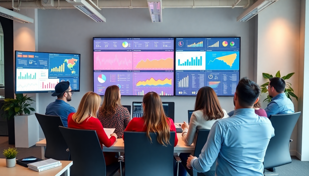 People reviewing a marketing analytics dashboard for automated performance reports, showcasing agency reporting automation, client dashboard insights, cross-channel analytics, and performance marketing KPIs in a digital marketing data visualization setting.