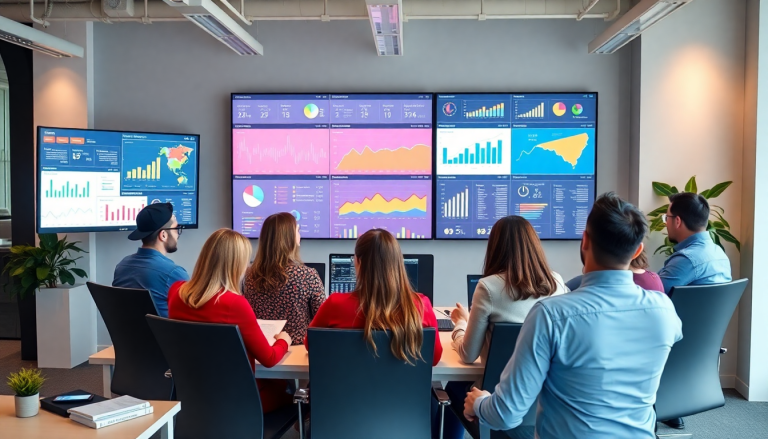 People reviewing a marketing analytics dashboard for automated performance reports, showcasing agency reporting automation, client dashboard insights, cross-channel analytics, and performance marketing KPIs in a digital marketing data visualization setting.