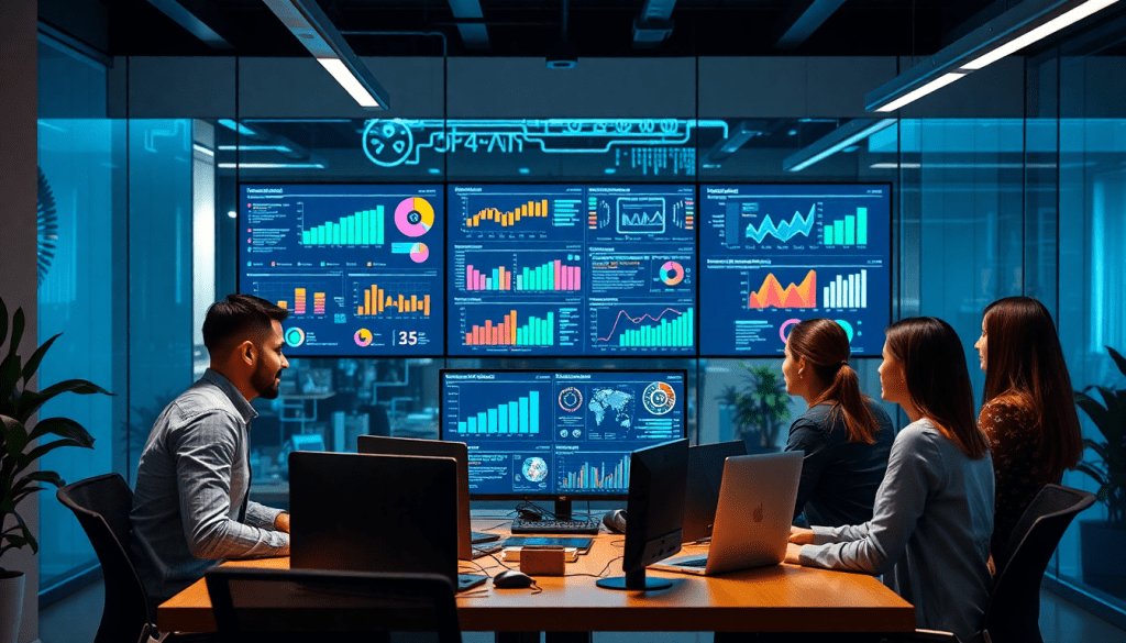 AI data visualization tool for marketing teams in a modern office, showcasing marketing analytics automation, AI reporting assistant, automated dashboard creation, cross-channel performance tracking, and campaign performance insights.