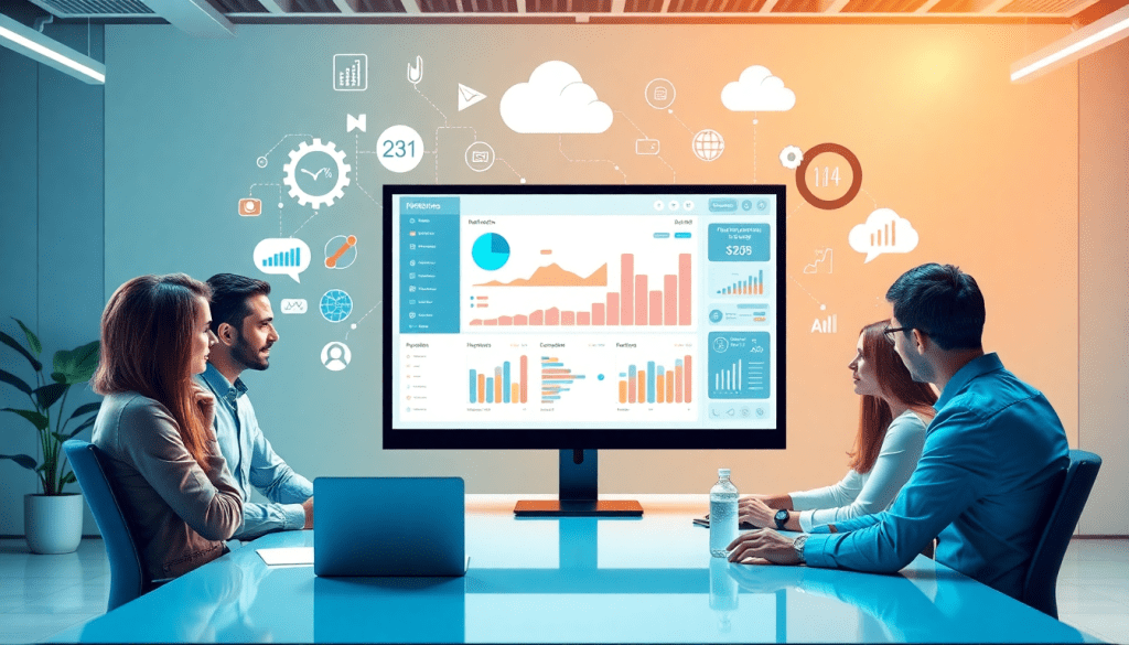 Marketing team reviewing a digital marketing analytics dashboard on a large screen, illustrating automated performance reports, cross-channel analytics, and performance marketing KPIs as a Funnel.io alternative in a business meeting room.