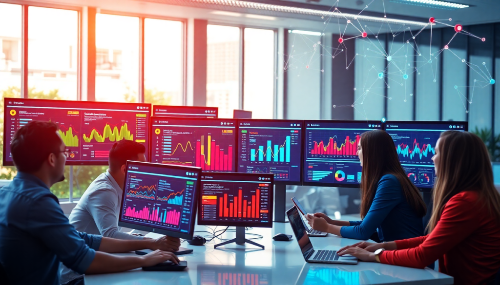 Team collaborating using marketing dashboard automation featuring AI-powered dashboard creation, real-time marketing analytics, and multi-channel data aggregation on multiple screens in an office setting.