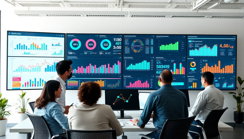 Marketing team using an AI data visualization tool for marketing analytics automation, featuring an AI reporting assistant for automated dashboard creation, cross-channel performance tracking, and client analytics automation, improving ROI tracking with the TapClicks AI platform for marketing intelligence automation and campaign performance insights.