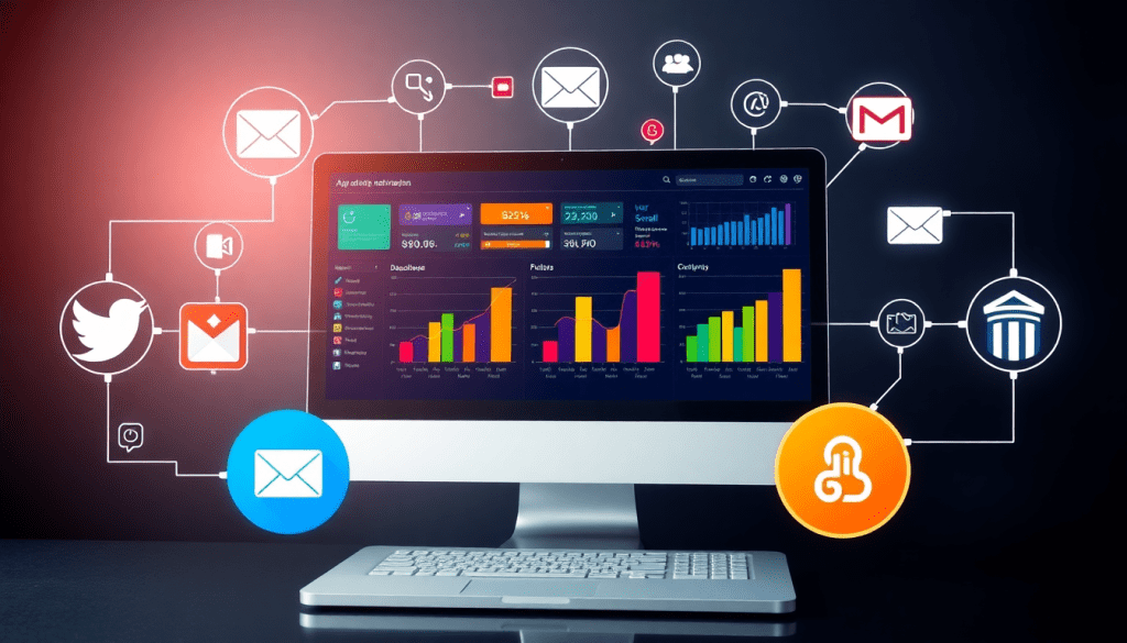 Multi-channel analytics dashboard showcasing performance tracking, cross-channel marketing analytics, and integrated marketing metrics with various platform icons.