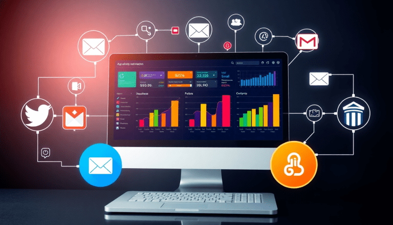 Multi-channel analytics dashboard showcasing performance tracking, cross-channel marketing analytics, and integrated marketing metrics with various platform icons.
