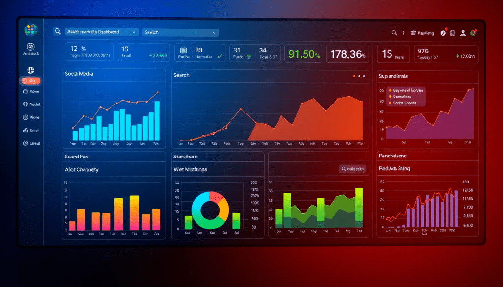Multi-channel analytics dashboard displaying cross-channel marketing analytics, performance tracking, marketing data aggregation, and campaign performance visualization with integrated marketing metrics and automated marketing insights.