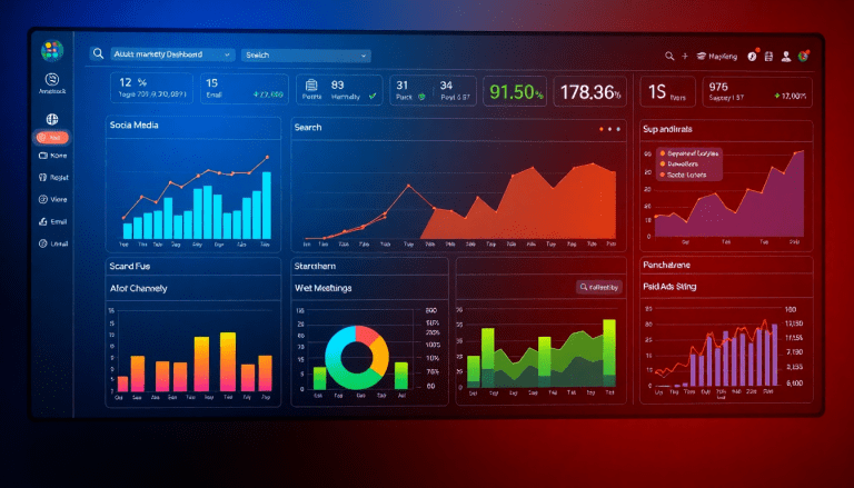 Multi-channel analytics dashboard displaying cross-channel marketing analytics, performance tracking, marketing data aggregation, and campaign performance visualization with integrated marketing metrics and automated marketing insights.