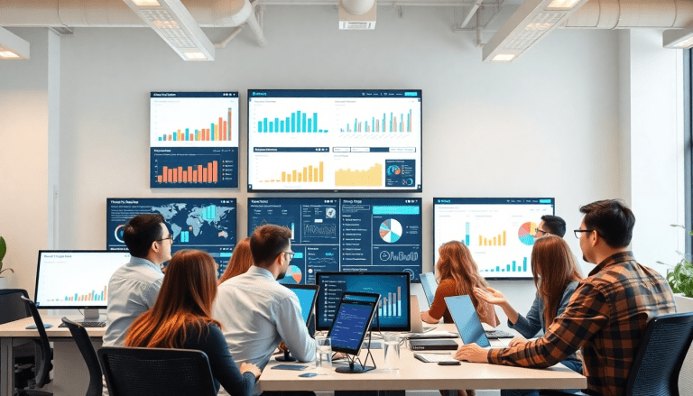 Group of people analyzing marketing analytics dashboard with multiple screens displaying automated performance reports and cross-channel analytics for agency reporting automation, providing client dashboard insights and digital marketing data visualization, Funnel.io alternativemarketing analytics dashboard.