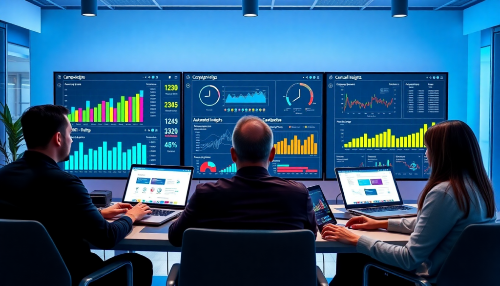 Performance marketing reporting software interface showing automated campaign reporting, ad spend optimization dashboard, ROAS tracking platform, and conversion rate analytics on large screens in a conference room.