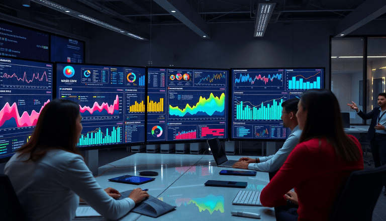 AI data visualization tool for marketing teams displaying automated marketing analytics, AI-powered dashboards, marketing data storytelling, and cross-channel visualization on multiple screens in a collaborative office setting.