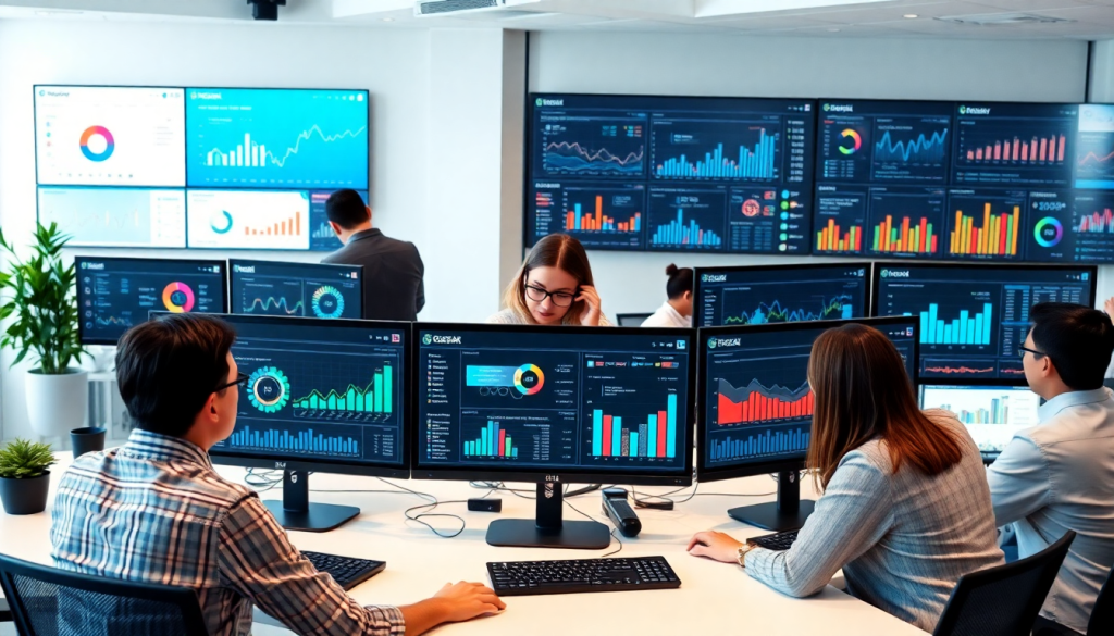 Marketing dashboard automation with professionals analyzing analytics dashboards, automated performance reports, agency reporting automation, and client dashboard insights in a modern office setting, highlighting cross-channel analytics and data visualization for performance marketing KPIs.