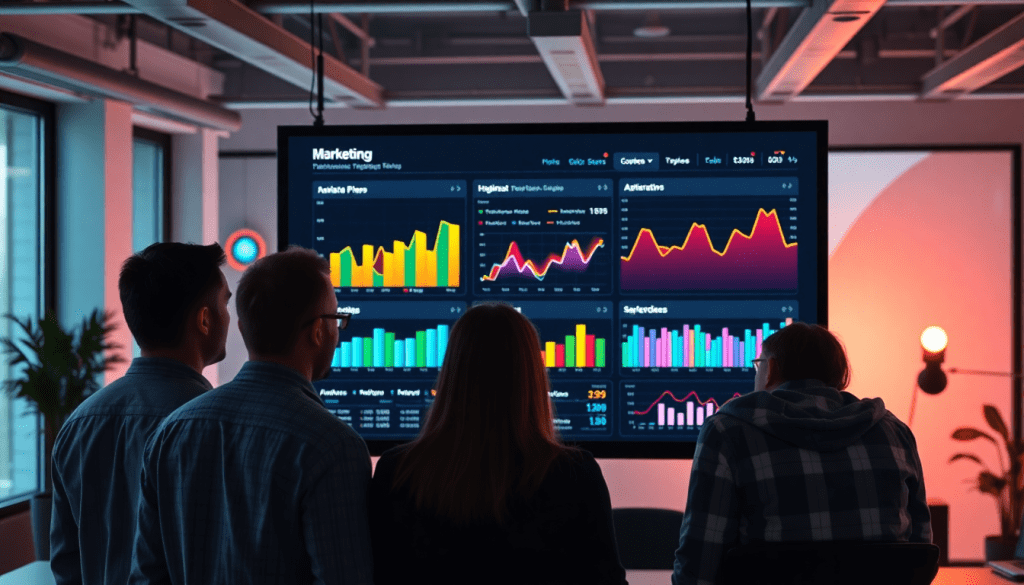 Digital marketing KPI dashboard showing marketing metrics visualization and performance tracking with an interactive cross-channel analytics dashboard for campaign KPI monitoring.