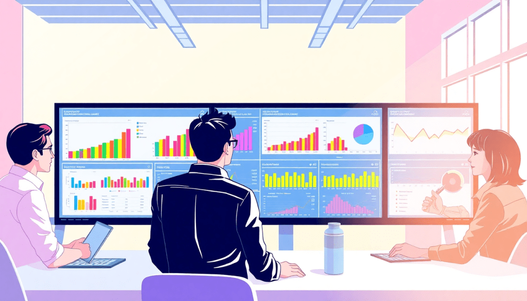 Digital marketing team analyzing a marketing analytics dashboard for automated performance reports, agency reporting automation, and client dashboard insights, showcasing cross-channel analytics and digital marketing data visualization.
