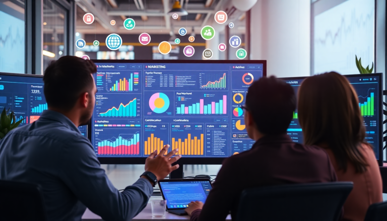 Marketing team analyzing an AI-powered TapClicks marketing dashboard featuring real-time marketing analytics, automated reporting workflows, and multi-channel data aggregation.