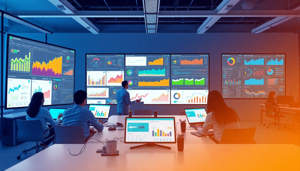 A team analyzing marketing analytics dashboard in a modern office setting, showcasing automated performance reports and agency reporting automation for client dashboard insights, highlighting the functionalities of a Funnel.io alternative through cross-channel analytics.