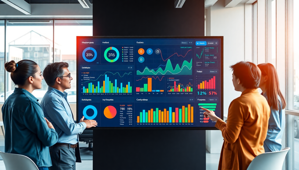 Automated KPI reporting dashboard showcasing real-time performance metrics, AI analytics, and digital campaign tracking for marketing insights and ROI visualization.