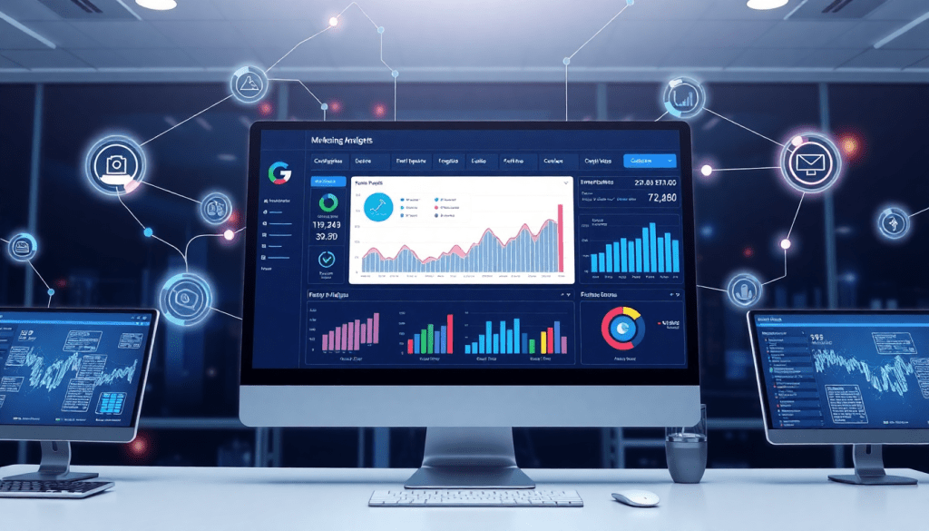 AI-powered marketing dashboard showcasing automated reporting workflows, real-time analytics, and campaign performance insights, emphasizing multi-channel data aggregation and report scheduling automation.