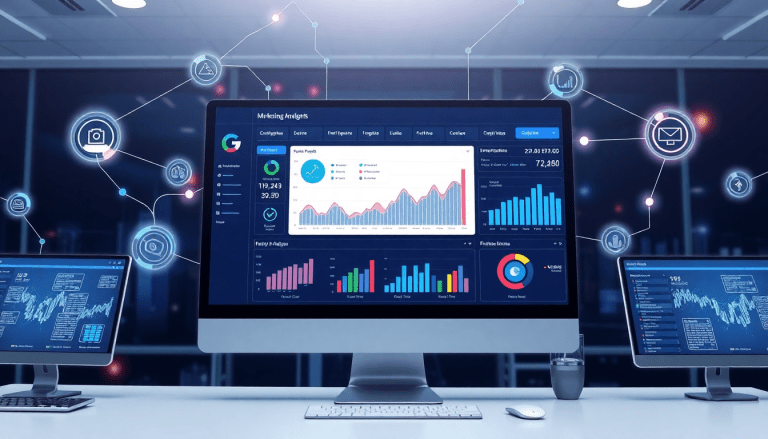 AI-powered marketing dashboard showcasing automated reporting workflows, real-time analytics, and campaign performance insights, emphasizing multi-channel data aggregation and report scheduling automation.