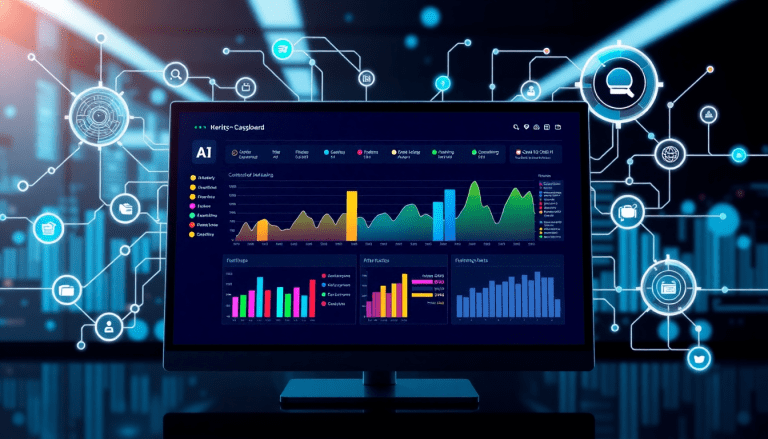 AI-powered marketing dashboard on a monitor, showcasing automated reporting workflows, real-time marketing analytics, and multi-channel data aggregation for enhanced campaign performance.