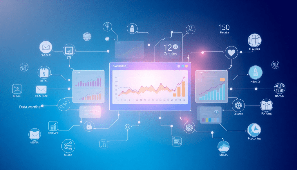 AI marketing data integration tool TAPCLICKS dashboard showcasing benefits for industry-specific marketing solutions.