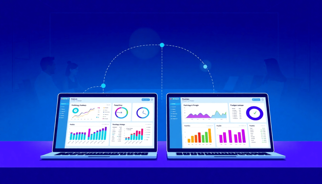 Two laptops displaying vibrant analytics dashboards, representing a NinjaCat alternative and top competitors in reporting software for agencies, ideal for automated marketing reports and cross-channel reporting.
