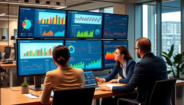 Team analyzing an automated KPI reporting dashboard with marketing KPI automation, real-time performance analytics, and cross-channel insights.