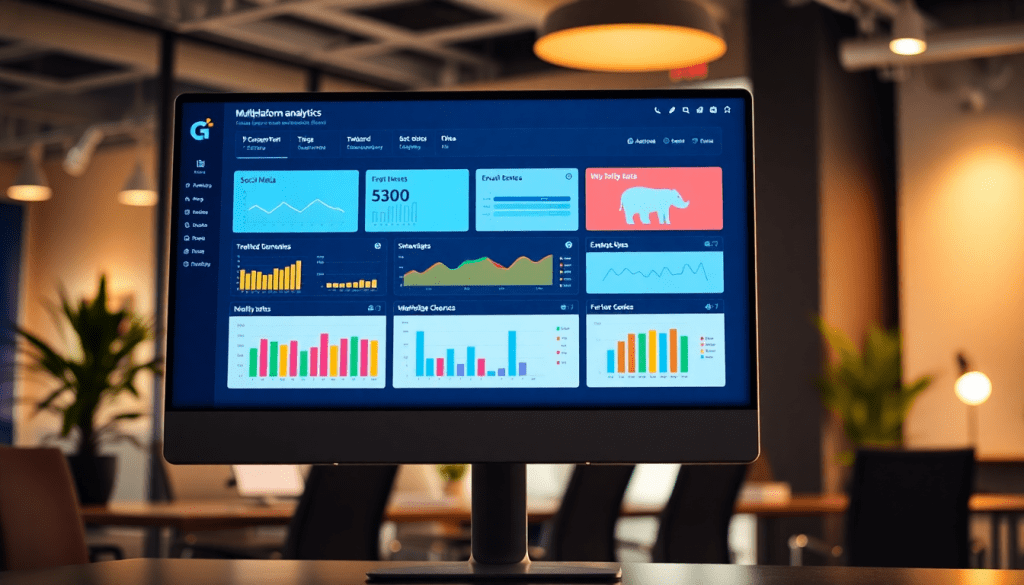 Multi-channel analytics dashboard displaying cross-channel marketing analytics and integrated marketing metrics in a unified reporting platform, featuring campaign performance visualization and automated marketing insights.