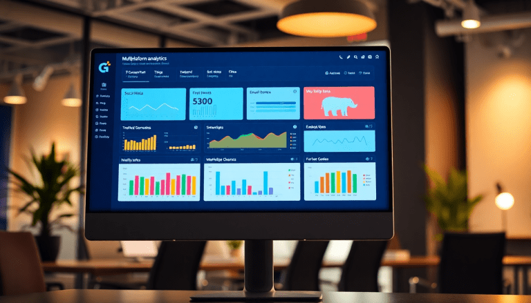 Multi-channel analytics dashboard displaying cross-channel marketing analytics and integrated marketing metrics in a unified reporting platform, featuring campaign performance visualization and automated marketing insights.