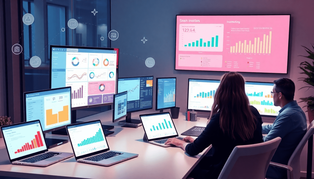 Two professionals analyzing data on multiple screens, exploring NinjaCat alternatives like TapClicks and other best competitors, focusing on reporting software for agencies, automated marketing reports, and campaign performance tracking.