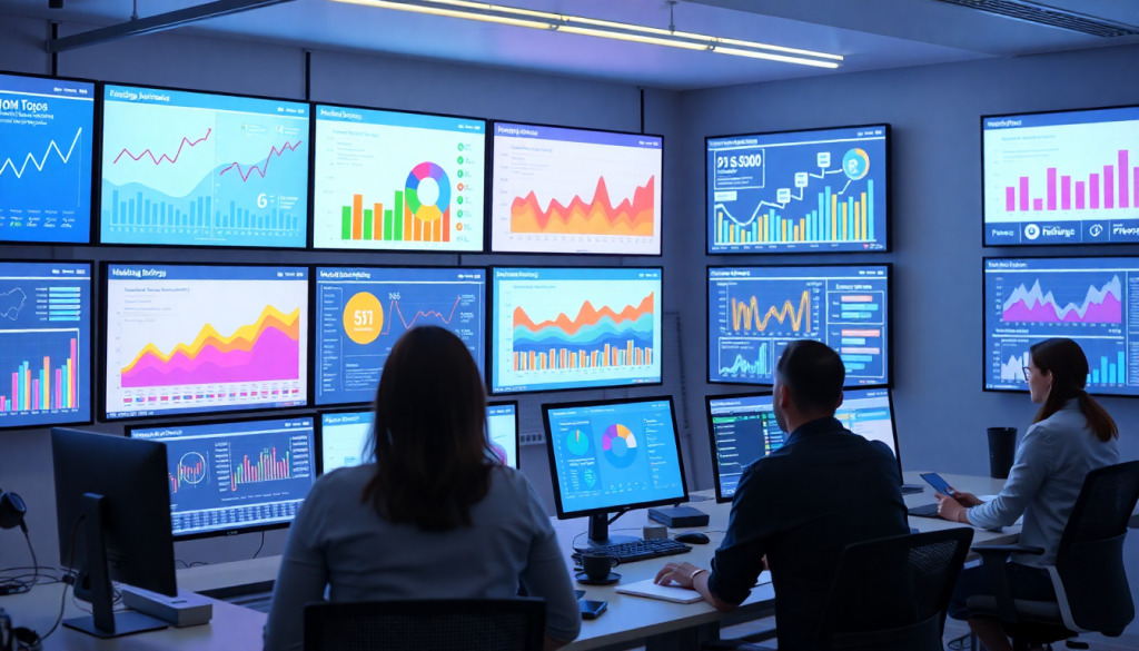 Team using performance marketing reporting software on multiple screens displaying automated campaign reporting, performance analytics, ad spend optimization dashboard, ROAS tracking, and digital advertising insights.