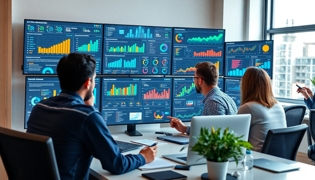 AI data visualization tool for marketing teams displaying automated marketing analytics and AI-powered dashboards in an office setting, highlighting marketing data storytelling and cross-channel visualization on multiple screens.