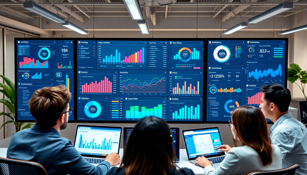 Automated KPI reporting dashboard displaying marketing KPI automation and real-time performance analytics with professionals analyzing data-driven insights on laptops.