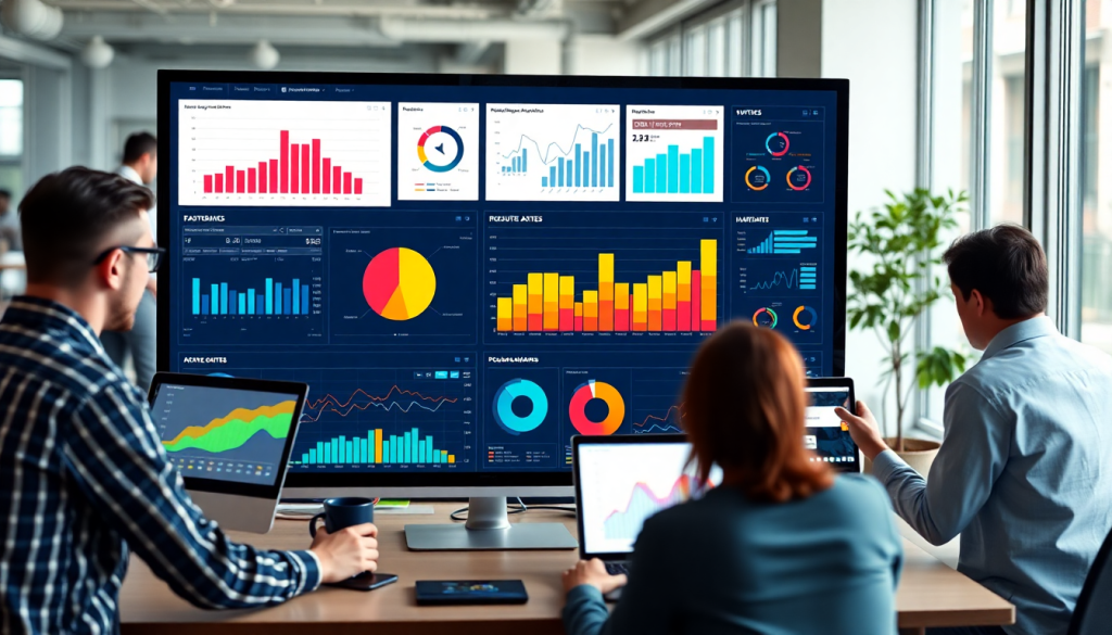 Team analyzing marketing analytics dashboard on large screen for best marketing reporting software, featuring automated performance reports and cross-channel analytics.