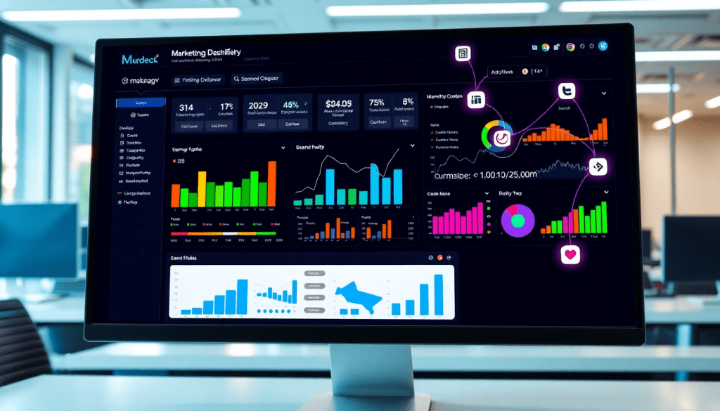 Multi-channel analytics dashboard displaying cross-channel marketing analytics, performance tracking, marketing data aggregation, unified reporting, and ROI tracking.