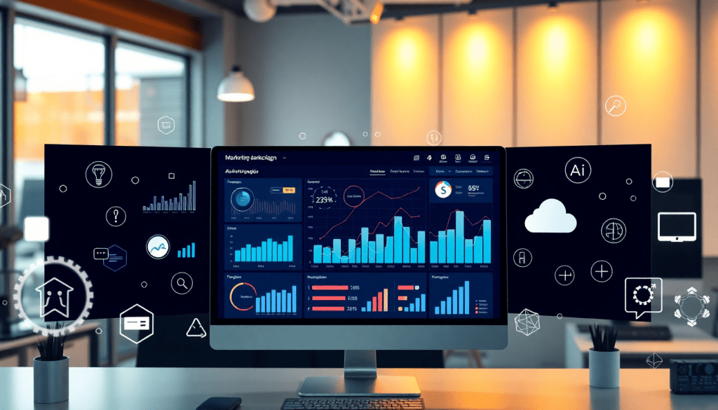 Marketing dashboard automation displaying real-time marketing analytics, AI-powered dashboard creation, and multi-channel data aggregation with a focus on campaign performance dashboard and report scheduling automation.