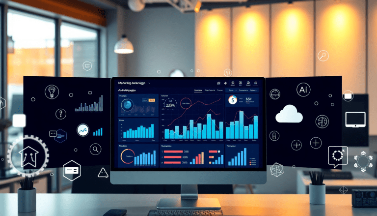 Marketing dashboard automation displaying real-time marketing analytics, AI-powered dashboard creation, and multi-channel data aggregation with a focus on campaign performance dashboard and report scheduling automation.