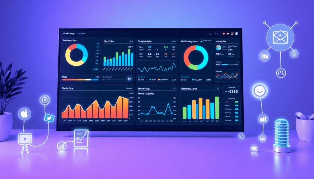 AI-powered marketing dashboard automation showcasing real-time analytics, multi-channel data aggregation, and report scheduling, highlighting TapClicks marketing solutions.