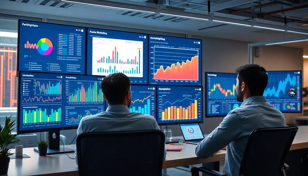Two people using performance marketing reporting software with multiple screens displaying automated campaign reporting, performance analytics, ad spend optimization, ROAS tracking, and conversion rate analytics.
