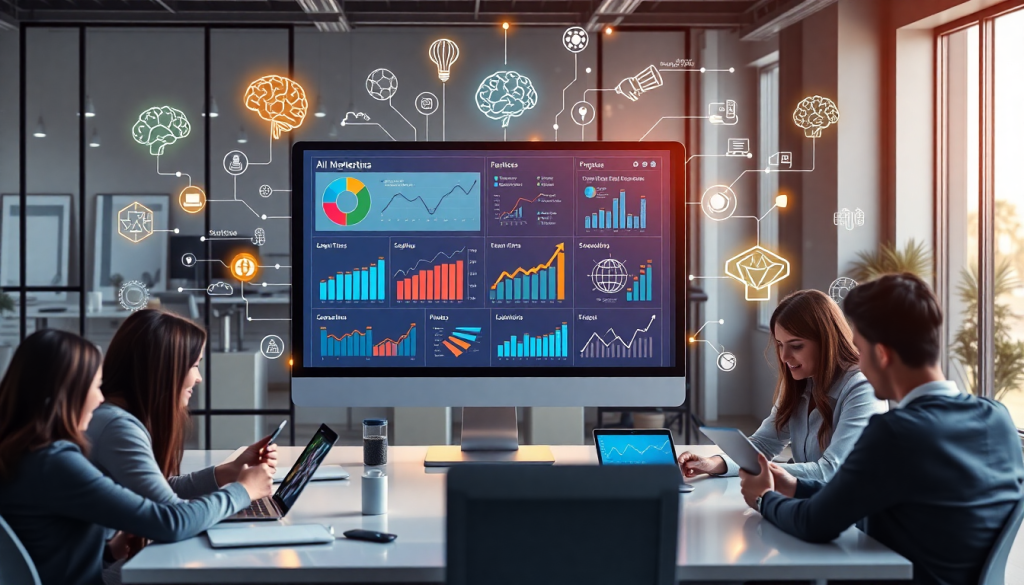 A team collaborating on marketing dashboard automation with AI-powered dashboard creation, featuring real-time marketing analytics and multi-channel data aggregation on a computer screen.