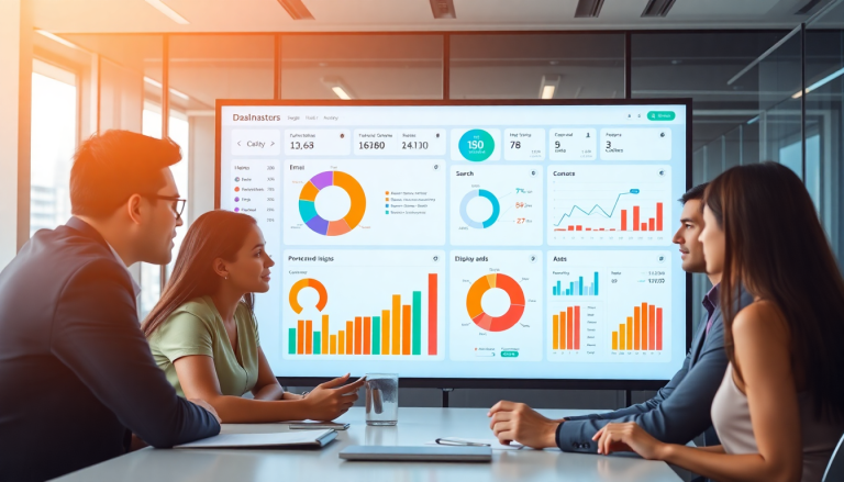 Teams analyzing a multi-channel analytics dashboard with graphs and charts for cross-channel marketing analytics, performance tracking, and ROI insights.