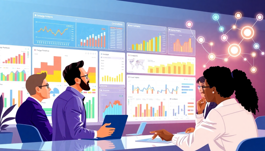 Marketing team using an AI data visualization tool for cross-channel campaign performance insights with real-time metrics displayed on interactive dashboards.