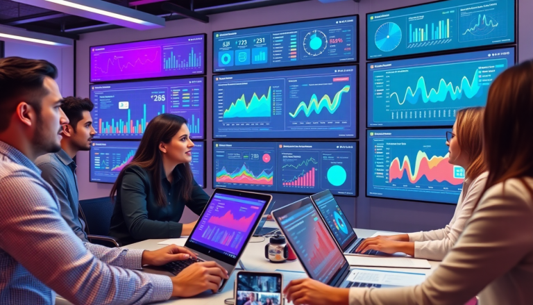 AI data visualization tool for marketing teams showcasing marketing analytics automation, AI reporting assistant, automated dashboard creation, cross-channel performance tracking, client analytics automation, marketing data visualization, ROI tracking dashboard, TapClicks AI platform, marketing intelligence automation, and campaign performance insights displayed on multiple screens in a collaborative workspace.