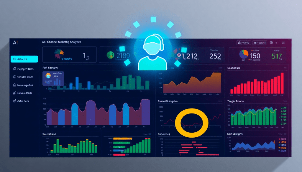 Automated KPI reporting dashboard showcasing marketing analytics automation, AI reporting assistant, and cross-channel performance tracking for enhanced marketing data visualization and ROI tracking.