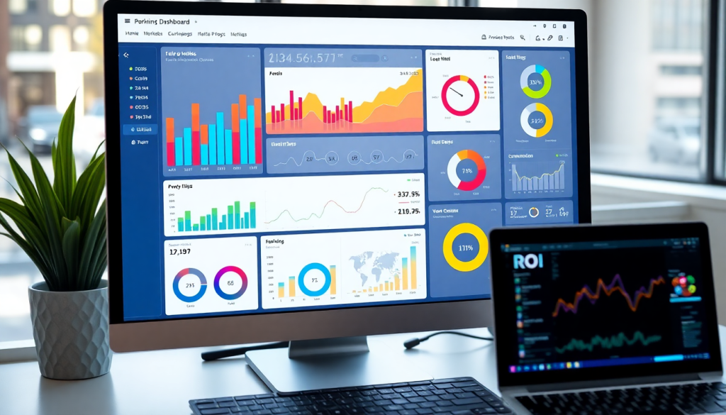 Digital marketing KPI dashboard featuring marketing metrics visualization, performance tracking dashboard, campaign KPI monitoring, and cross-channel analytics for ROI tracking and automated reports.