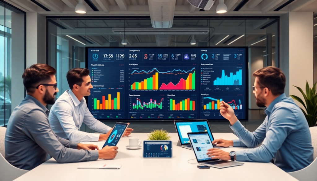Marketing team discussing automated marketing analytics dashboard with visualized KPIs for cross-channel performance reports.